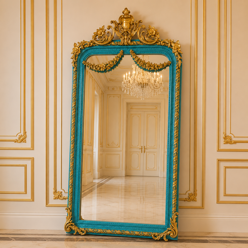 Casa Padrino Barock Standspiegel T�rkis / Gold 115 x H. 220 cm - mit Blumenkorb Bekr�nung - Handgefertigter Antik Stil Ganzk�rperspiegel - Garderoben Spiegel - Schlafzimmer Spiegel - Barock M�bel