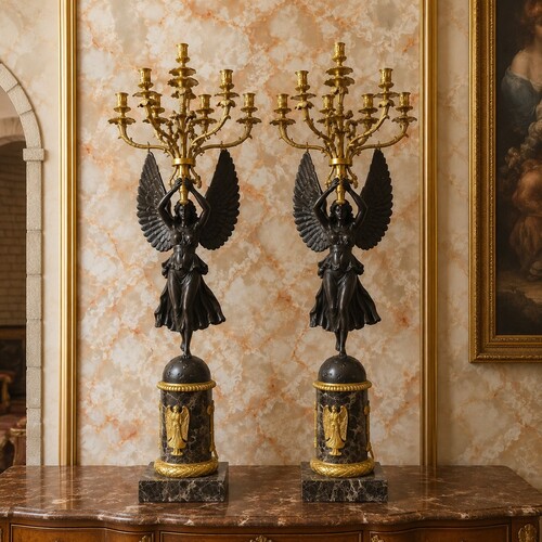 Casa Padrino Luxus Barock Kerzenleuchter Set Bronze / Gold H. 100 cm - Prunkvolle Bronze Kerzenleuchter mit gefl�gelten Frauenfiguren auf Marmorsockeln - Barock Deko Accessoires - Barock Interior - Edel & Prunkvoll