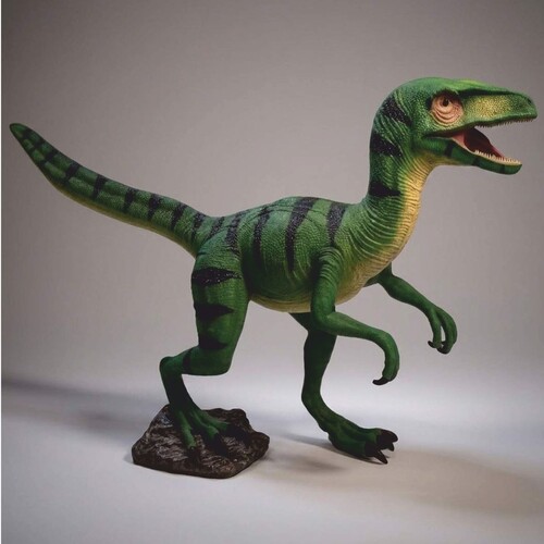 Casa Padrino XXL Deko Skulptur Dinosaurier Velociraptor Gr�n / Schwarz 295 x H. 150 cm - Lebensgro�e Gartenfigur