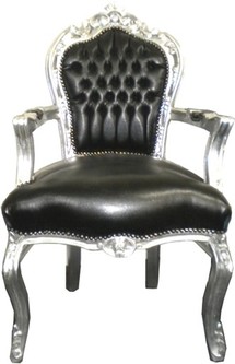 Barock Esszimmerstuhl Schwarz / Silber Lederoptik mit Armlehnen
