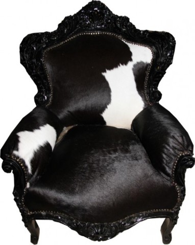 Casa Padrino Barock Sessel King Kuhfell / Schwarz - Echtes Kuhfell - Antik Setil Fell Sessel - M�bel