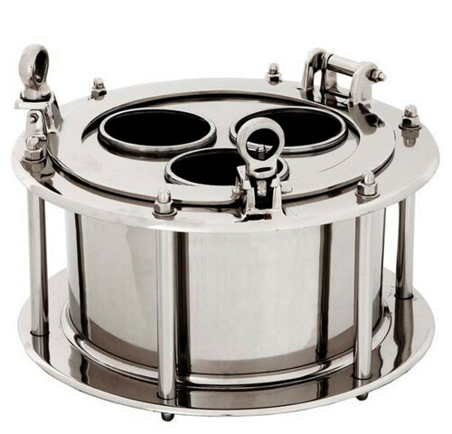 Massiver Luxus Tisch Wein K�hler Bullauge f�r 3 Flaschen - Casa Padrino Luxury Collection - vernickelt H 23 cm B 38 cm T 38 cm Weinst�nder Weinflaschen Halter