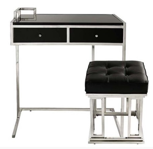 Casa Padrino Konsolentisch mit Schubladen Schwarz / Silber inkl. Lederhocker Manhattan - Konsole Tisch - Sekret�r Konsole - Telefontisch
