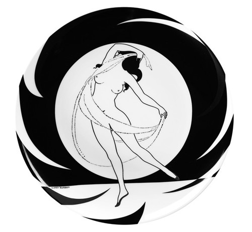 Handgearbeitete Schale aus Porzellan mit einem Motiv von Audrey Beardsley Tanzende Frau mit Tuch, Durchmesser 30 cm - feinste Qualit�t aus der Tettau Porzellanfabrik - wundersch�ne flache Schale