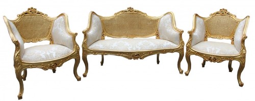 Casa Padrino Barock Salon Sitzbank +  2 Sessel Creme/ Gold  - Cocktailset- Salon Set