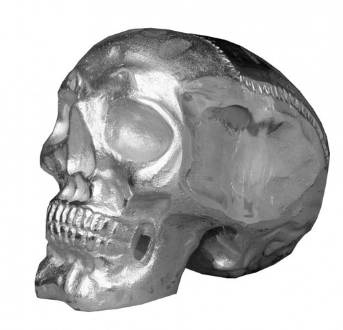 Casa Padrino Designer Skull Mod1L silber H�he 16,5 cm, Breite 14 cm, Tiefe 18 cm, Totenkopf - edle Skulptur aus Aluminium vernickelt