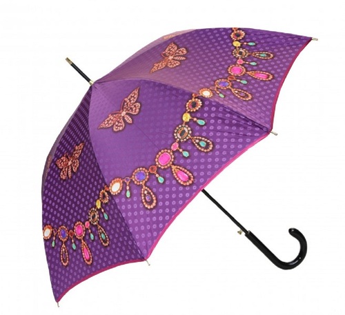 Guy De Jean Designer Regenschirm Motivschirm mit zarten Schmetterlinge und Schmuck Kette Mod1 Lila - Automatikschirm - Eleganter Stockschirm - Luxus Design - Made in Paris