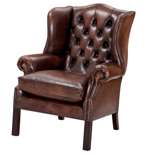 Luxus Echtleder Ohrensessel Chesterfield Vintage Dunkelbraun - Sessel mit echtem Leder