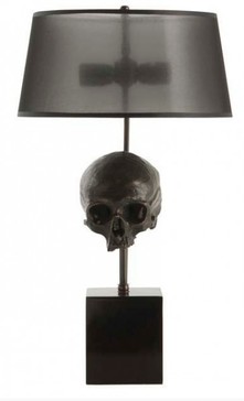 Casa Padrino Luxus Tischleuchte Totenkopf Schwarz / Antik Messing  35 x H. 77 cm - Schreibtschleuchte mit rundem Lampenschirmen - Luxus Leuchten - Luxus M�bel - Luxus Interior