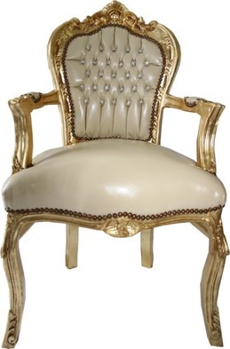Casa Padrino Barock Esszimmer Stuhl mit Armlehnen Creme Lederoptik / Gold - M�bel