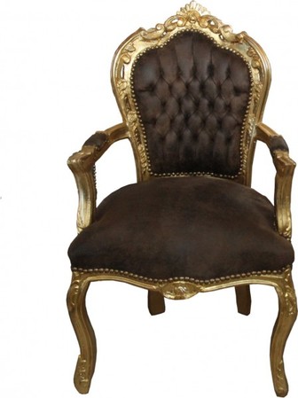 Casa Padrino Barock Esszimmer Stuhl mit Armlehnen Braun / Gold Lederoptik