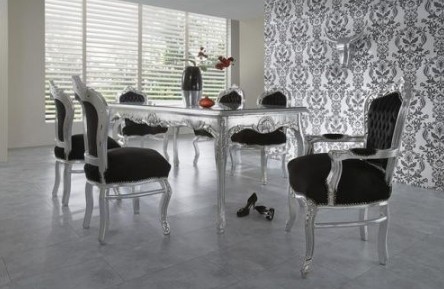 Casa Padrino Barock Esszimmer Set Schwarz/Silber/Silber - Esstisch + 6 St�hle