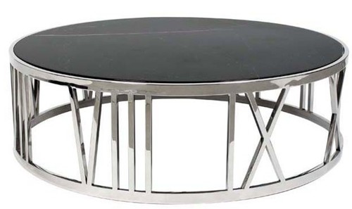 Casa Padrino Luxus Art Deco Couchtisch Rund Edelstahl poliert mit Marmor Platte - Luxus Kollektion