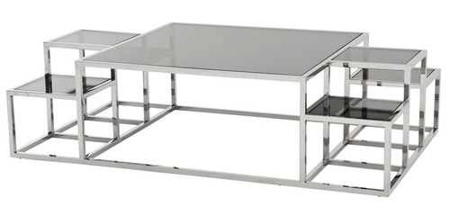 Casa Padrino Luxus Art Deco Designer Couchtisch Edelstahl poliert mit Rauchglas 150 x 90 cm - Luxus Kollektion