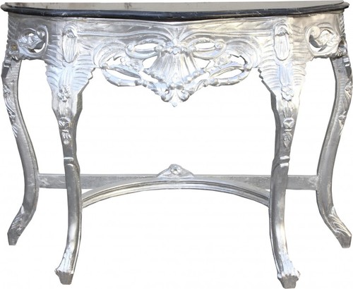 Casa Padrino Barock Konsolentisch Silber / Schwarz mit Marmorplatte Mod2 - Konsole
