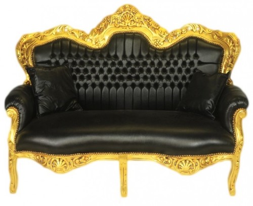 Casa Padrino Barock 2er Sofa Master Schwarz Lederoptik / Gold - Wohnzimmer Couch M�bel Lounge