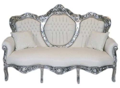 Casa Padrino Barock 3er Sofa King Wei Lederoptik / Silber - Wohnzimmer Couch Mbel Lounge