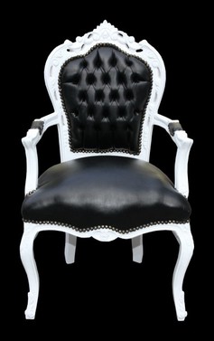 Casa Padrino Barock Esszimmerstuhl Schwarz / Wei� Lederoptik mit Armlehnen