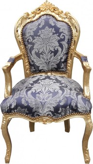 Casa Padrino Barock Esszimmer Stuhl Blau Muster / Gold mit Armlehnen - Limited Edition
