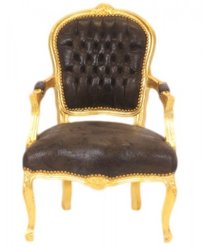 Casa Padrino Barock Salon Stuhl Braun Lederoptik / Gold - M�bel Antik Stil