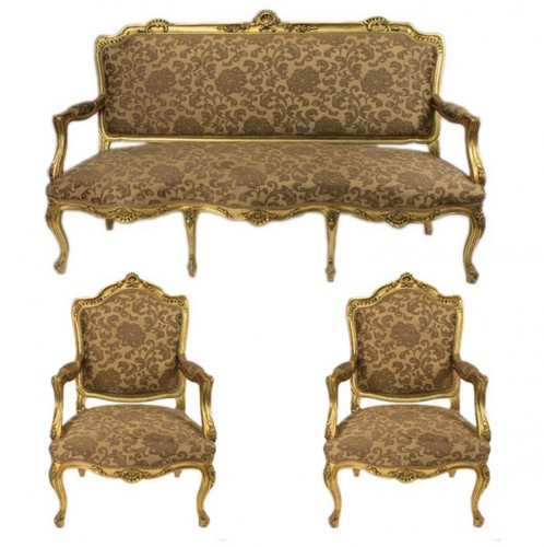 Casa Padrino Barock Wohnzimmer Set Strassbourg Gold Muster / Antik Stil Gold - Sofa + 2 Sessel