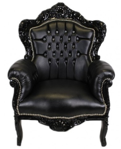 Casa Padrino Barock Sessel King Schwarz/Schwarz Lederoptik mit Bling Bling Glitzersteinen