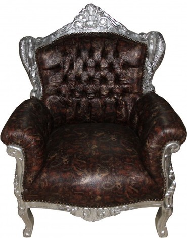 Casa Padrino Barock Sessel Lord Braun/Silber Lederoptik mit Drachenmotiv - Antik Stil  