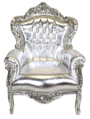 Casa Padrino Barock Sessel King Silber / Silber Lederoptik mit Bling Bling Glitzersteinen
