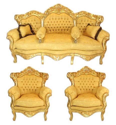 Casa Padrino Barock Wohnzimmer Set Gold Bouquet Muster / Gold - 3er Sofa + 2 Sessel