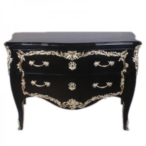 Casa Padrino Barock Kommode Schwarz Hochglanz / Silber 130 cm - Handgefertigt aus Massivholz