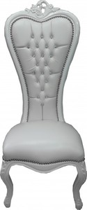 Casa Padrino Barock Thron Stuhl Queen Anne Wei� Lederoptik / Wei� mit Bling Bling Glitzersteinen - Hochlehnstuhl