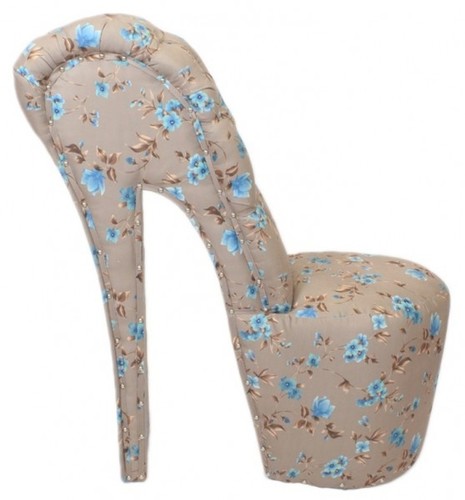 Casa Padrino High Heel Sessel Blumen Muster Creme / Blau Luxus Design - Designer Sessel - Club M�bel - Schuh Stuhl Sessel