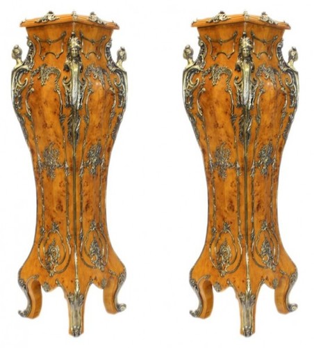 Casa Padrino Luxus Barock S�ulen Set Vogelaugen Ahorn / Messing  (2 Stk) H 160 cm x B 40 x L 40 cm