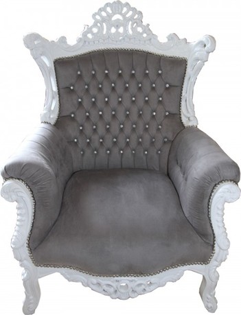 Casa Padrino Barock Sessel Al Capone Grau / Wei� mit Glitzersteinen