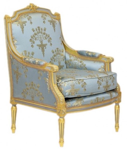Casa Padrino Barock Lounge Thron Sessel Empire Blau-Grau Gold Muster / Gold - Ohren Sessel - Ohrensessel Tron Stuhl