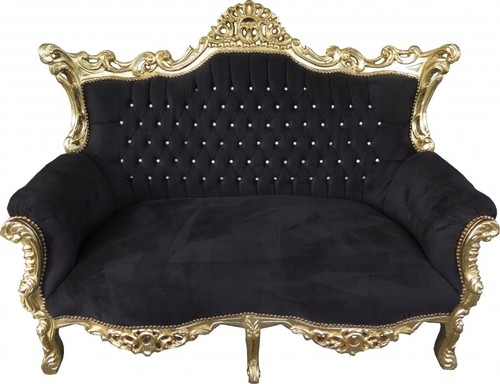 Casa Padrino Barock 2-er Sofa Master Schwarz  / Gold mit Bling Bling Glitzersteinen - Antik Stil M�bel