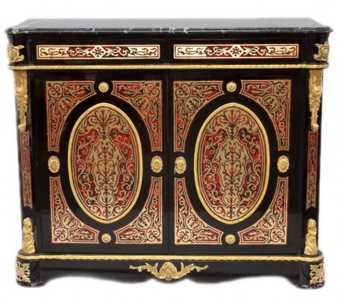 Casa Padrino Barock Boulle Kommode Schwarz / Gold / Rot mit Marmorplatte 125 cm - M�bel Schrank Sideboard
