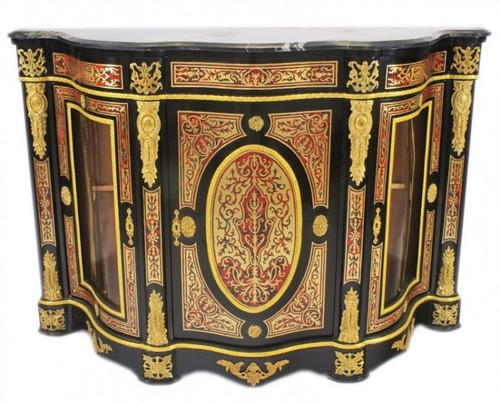 Casa Padrino Barock Boulle Kommode Schwarz / Gold / Rot mit Marmorplatte 161 cm - M�bel Schrank Sideboard