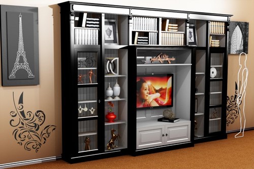 Casa Padrino Luxus Wohnzimmer Schrankwand Schwarz / Wei� B 372 x H 255 cm B�cherregal Regal Schrank Fernseh TV - Art Deco Jugendstil Hotel M�bel