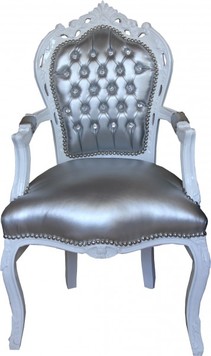 Casa Padrino Barock Esszimmer Stuhl mit Armlehnen Silber/Weiss Lederoptik mit Bling Bling Glitzersteinen