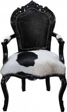 Casa Padrino Barock Esszimmer Stuhl Kuhfell / Schwarz mit Armlehnen - Echtes Kuh Fell