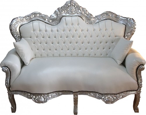 Casa Padrino Barock 2-er Sofa King Wei� Lederoptik / Silber - Wohnzimmer Couch M�bel Lounge