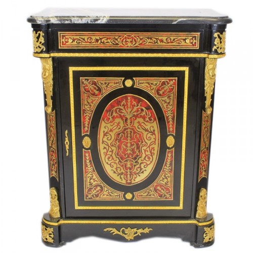Casa Padrino Barock Boulle Kommode Schwarz / Gold / Rot mit Marmorplatte 95 x H105 cm - M�bel Schrank Sideboard