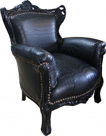 Casa Padrino Barock Kinder Sessel Schwarz Croco Lederoptik/Schwarz - Kinder Thron 