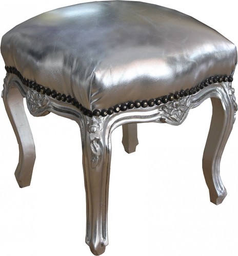 Casa Padrino Barock Sitzhocker Silber / Silber  H�he 40 cm, Breite 35 cm - Barock M�bel