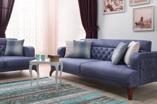 Casa Padrino Designer 3er Sofa Venice Blau / Holzfarbig - Hotel Sofa