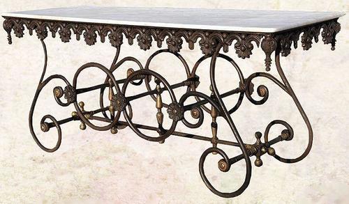 Casa Padrino Nostalgie Gartentisch aus Schmiedeeisen mit Marmorplatte - 175 cm x 65 cm x H75 cm - Luxus Gartenm�bel