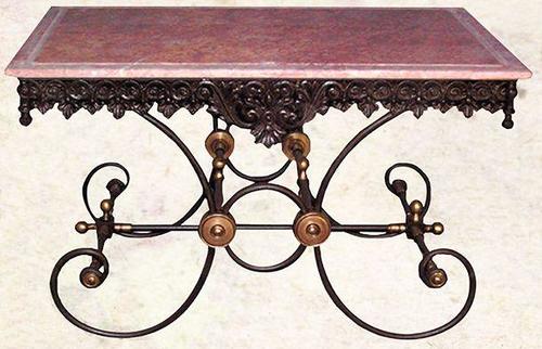 Casa Padrino Nostalgie Gartentisch aus Schmiedeeisen mit roter Marmorplatte - 130 cm x 80 cm x H75 cm - Luxus Gartenm�bel