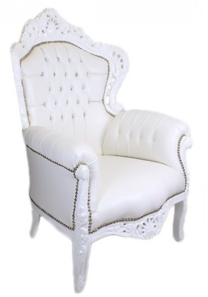 Casa Padrino Barock Sessel King Wei� Lederoptik mit Bling Bling Glitzersteinen - Luxus Barock M�bel