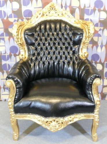 Casa Padrino Barock Sessel King Lederoptik Schwarz / Gold - Edel & Prunkvoll